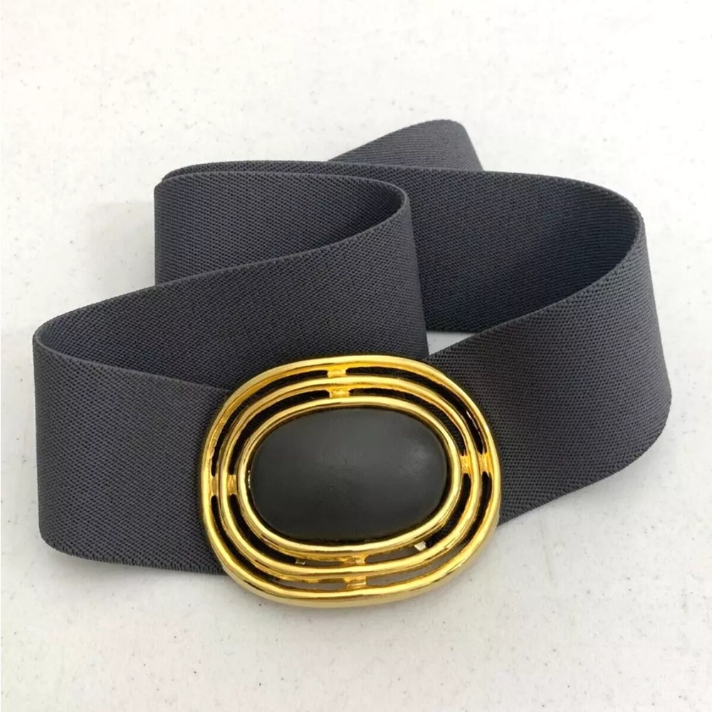 DAY-LOR Gold Tone Buckle w/ Gray Stretch Elastic Belt Wide Signed